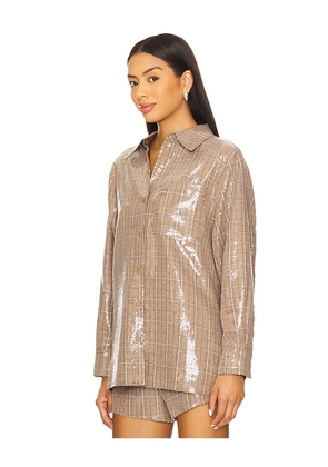 Line & Dot Checkmate Oversized Shacket in Brown. Size M. Also in S, XS, L.