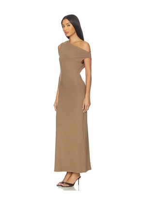 LESET Lauren Ruched Asymmetrical Shoulder Dress in Brown. Size S. Also in M.