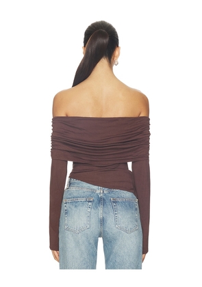 MORE TO COME Andrea Off Shoulder Top in Brown. Size M. Also in XS, XXS, S, L, XL.