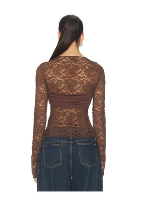 LIONESS Midnight Lace Long Sleeve Top in Chocolate. Size M. Also in S, XXS, XS, XL.
