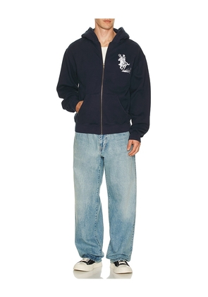 ONE OF THESE DAYS Barbed Zip Up Hoodie in Navy. Size M. Also in S, L.