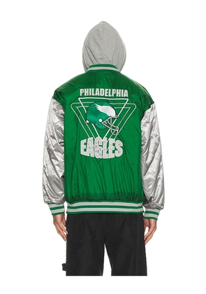 Mitchell & Ness NFL Eagles Diamond Fusion Vintage Logo Button Front Jacket in Green. Size M. Also in L.