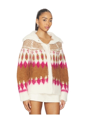 NAADAM Italian Luxe Brushed Fair Isle Reversible Cardigan in Brown,Fuchsia. Size M. Also in L, S.