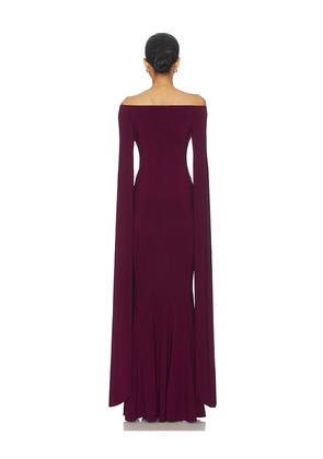 Norma Kamali Off Shoulder Ribbon Sleeve Fishtail Gown in Burgundy. Size S. Also in M.