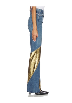 MOTHER The Spiral Saloon Heel Jeans in Blue,Metallic Gold. Size 23. Also in 24, 26, 31, 32, 33.