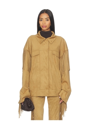 Norma Kamali Fringe Oversized Jean Jacket in Tan. Size M. Also in L, S, XS.
