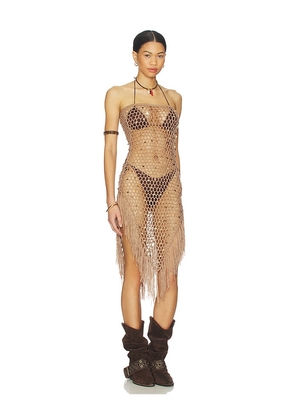 MORE TO COME Rami Fringe Strapless Dress in Tan. Size L. Also in XS, S, M.