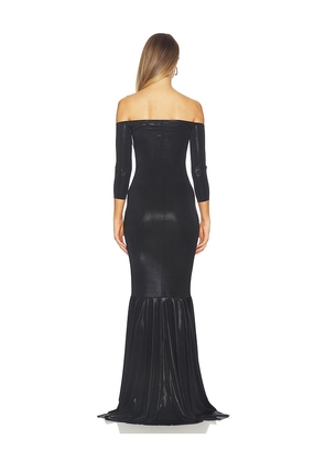 Norma Kamali Off Shoulder Shirred Front Fishtail Gown in Black. Size M. Also in XXS, XS, S.