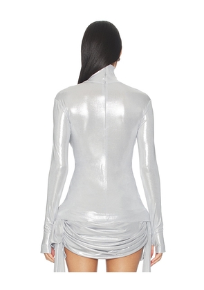 Norma Kamali Slim Fit Long Sleeve Turtle Top in Metallic Silver. Size L. Also in S, M.