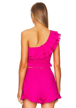 Show Me Your Mumu x REVOLVE Leni Ruffle Top in Fuchsia. Size L. Also in XS, S, M, XL.