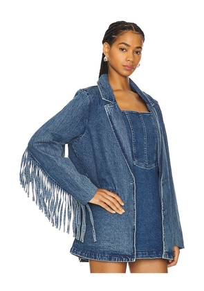 Show Me Your Mumu Sierra Fringe Jacket in Denim-Medium. Size M. Also in L, XL, XXL.
