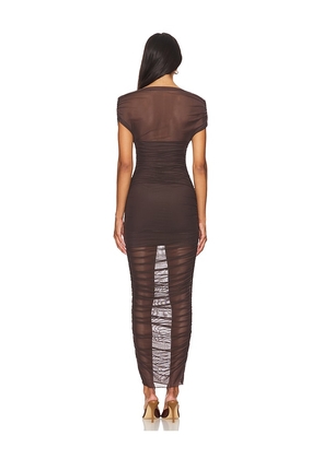 SEROYA Noel Off Shoulder Mesh Midi Dress in Chocolate. Size M. Also in XXS, XS, L.