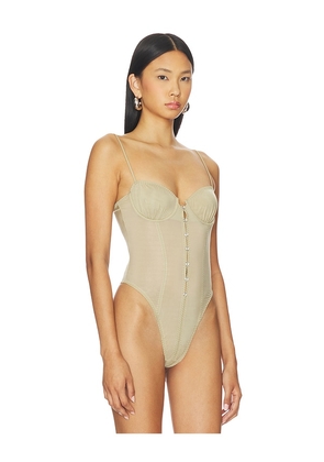 POSTER GIRL Sheer Gloss Bodysuit in Taupe. Size S. Also in XS, M.