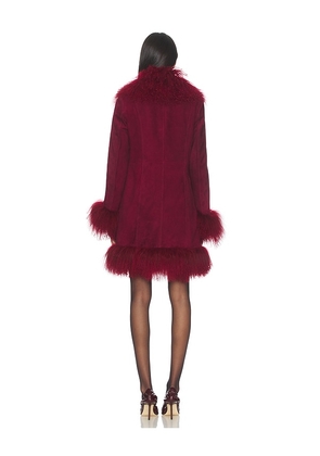 Susanna Chow Dorothy Suede Midi Coat in Burgundy. Size M. Also in S, L.