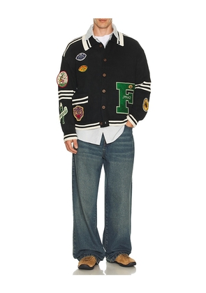Found Varsity Patch Collared Cardigan in Black. Size M. Also in S, L, XL/1X.