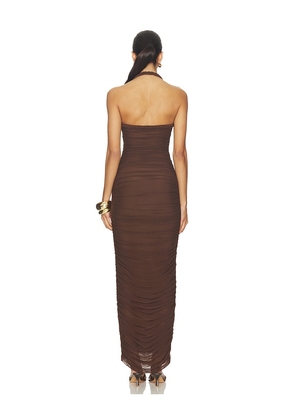 SNDYS Gianna Ruched Halterneck Maxi Dress in Chocolate. Size M. Also in L, XS.