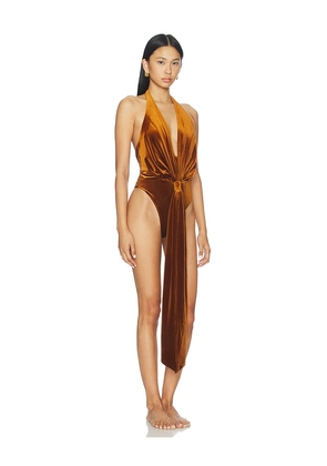 SEROYA Vika Velvet Bodysuit in Rust. Size M. Also in XXS, XS, S.