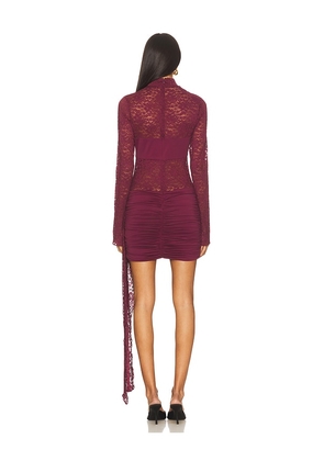 Runaway The Label Larna Lace Long Sleeve Mini Dress in Wine. Size S. Also in L, M, XL, XS.