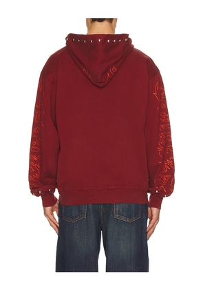 Revenge Tribal Skull Studded Zip Hoodie in Red. Size M. Also in S, L, XL/1X.