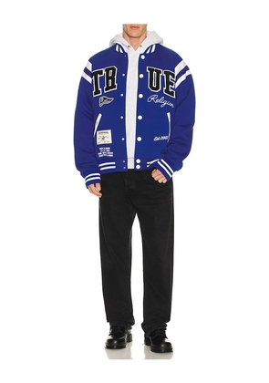 True Religion Uni Varsity Jacket in Blue. Size M. Also in L, XL/1X.