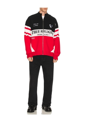 True Religion Racing Raglan Zip Sweater in Red. Size M. Also in L, XL/1X.