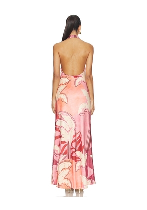SEVEN WONDERS Kaeli Tie Front Halter Maxi Dress in Pink. Size M. Also in XS, L, XL.