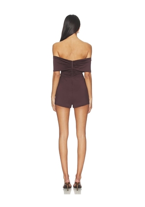 superdown Cher Off Shoulder Romper in Brown. Size M. Also in XXS, XS, S, L, XL.
