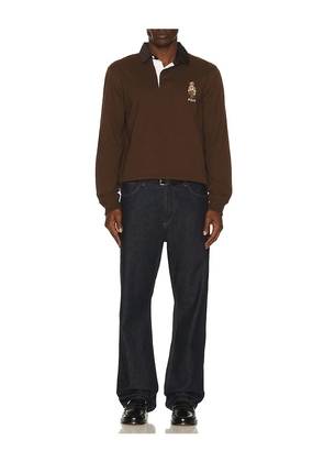 Polo Ralph Lauren Long Sleeve Jersey Knit Novelty Bear Rugby Polo W/ Cord Collar in Brown. Size M. Also in XL/1X.