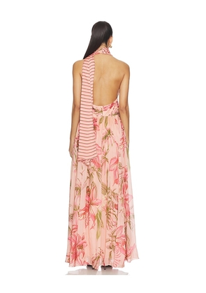 ROCOCO SAND Ruched Sash Maxi Dress in Peach. Size S. Also in XS, M, L.