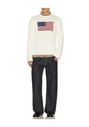 Polo Ralph Lauren Long Sleeve Roving Cotton USA Flag Crewneck Sweater in White. Size L. Also in S, M, XL/1X, XXL/2X.
