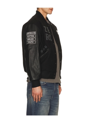 Pleasures x Zero Skateboards Varsity Jacket in Black. Size L. Also in S, M, XL/1X.