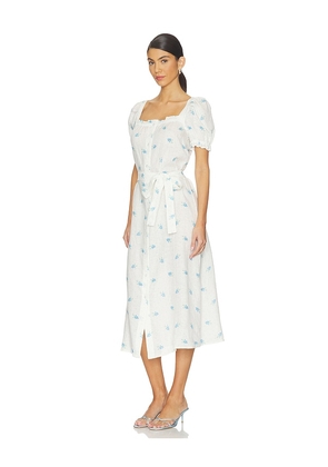Sleeper Brigitte Linen Midi Dress in White,Blue. Size L. Also in M, S, XL, XS.