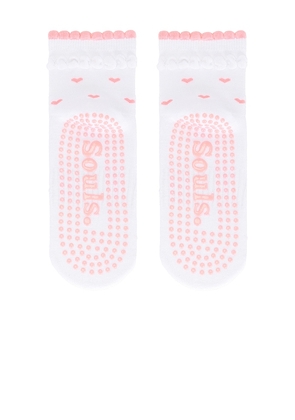 Souls. Ruffle Bow Grip Socks in White,Pink. Size M/L. Also in S/M.