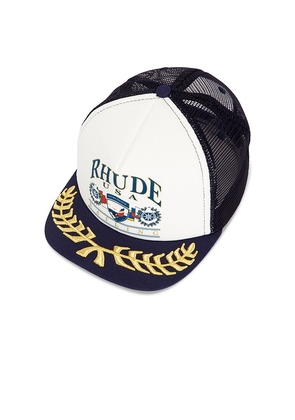 Rhude USA Sailing Icon Trucker Hat in Blue.