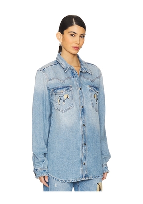 Understated Leather Horsey Shirt in Denim-Light. Size XL. Also in XS, S, L.