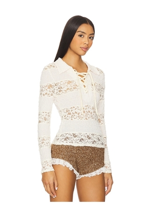 Yuhan Wang Collared Stripe Lace Polo Top in Ivory. Size M. Also in L, XL.