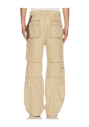 WE11DONE Washed Cargo Trousers in Brown. Size L. Also in M.