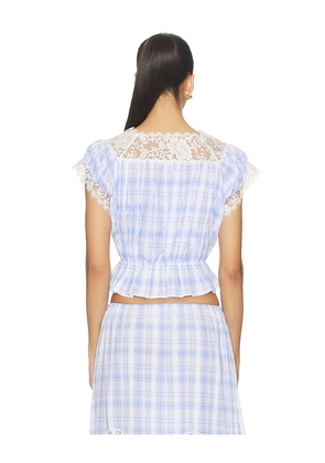 Yuhan Wang Lace Trim Button Check Top in Blue,White. Size L. Also in S, M.