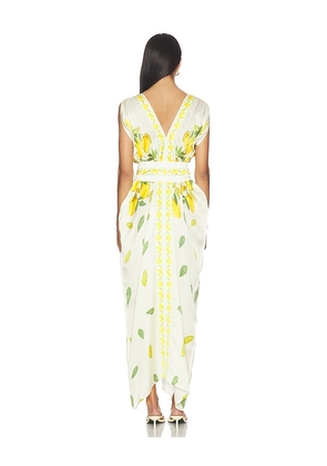 Verandah Dripping Alphonso Silk Dress in White,Yellow. Size M. Also in S, XS, XL.