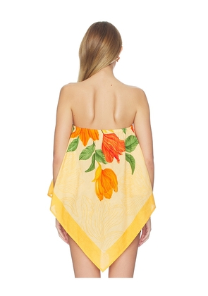 Verandah High-low Linen Scarf Blouse in Mustard,Orange. Size M. Also in S, XS, L, XL.