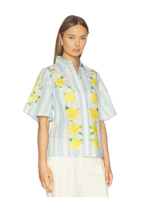 Verandah Blooming Roses And Stripes Shirt in Baby Blue,Yellow. Size M. Also in S, XS, L, XL.