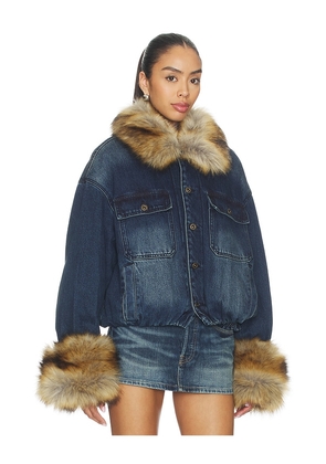 WE11DONE Faux Fur Denim Jacket in Blue. Size S. Also in L, M, XS.