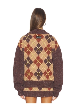 WE11DONE Knit Argyle Intarsia Cardigan in Brown. Size M. Also in S, L.