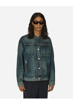 Cross Embroidery Distressed Denim Jacket Light Blue Indigo