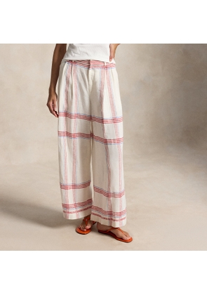 Plaid Linen Wide-Leg Cropped Trouser