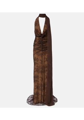 De La Vali Amora scarf-detail ruched lace maxi dress