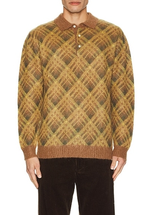 Beams Plus Knit Polo Stripe in Brown - Brown. Size S (also in ).