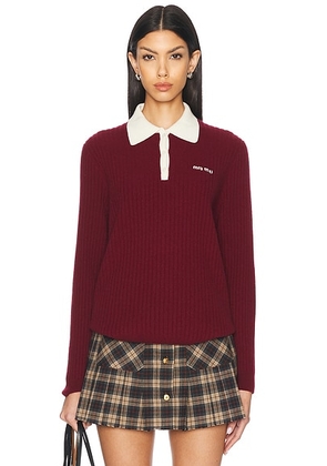 Miu Miu Long Sleeve Polo Sweater in Amaranto & Natural - Wine. Size 40 (also in ).