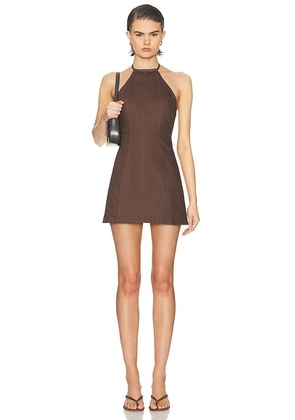 MATTHEW BRUCH Vest Mini Dress in Chocolate Brown Denim - Chocolate. Size 0 (also in 2, 4, 6, 8).