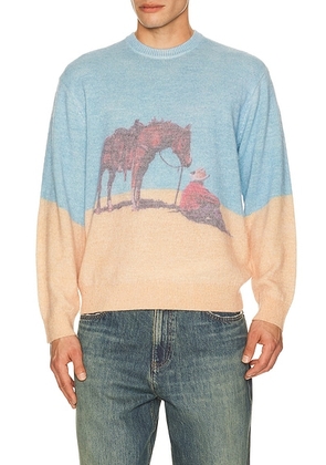 ONE OF THESE DAYS So Far Away Printed Sweater in Multi - Blue,Brown. Size L (also in M, S, XL/1X, XXL/2X).